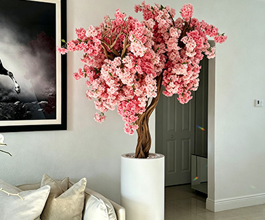 Matte White Flower Pot with Customized Pink Cherry Tree